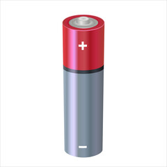 Red and metallic alkaline battery. Single AA battery stands vertically. 3d realistic rechargeable battery. Design template for branding, mockup. Vector Illustration isolated on white background