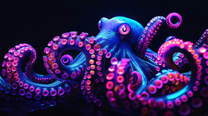 Obraz premium Neon octopus tentacles glowing in the depths of a dark sea. 