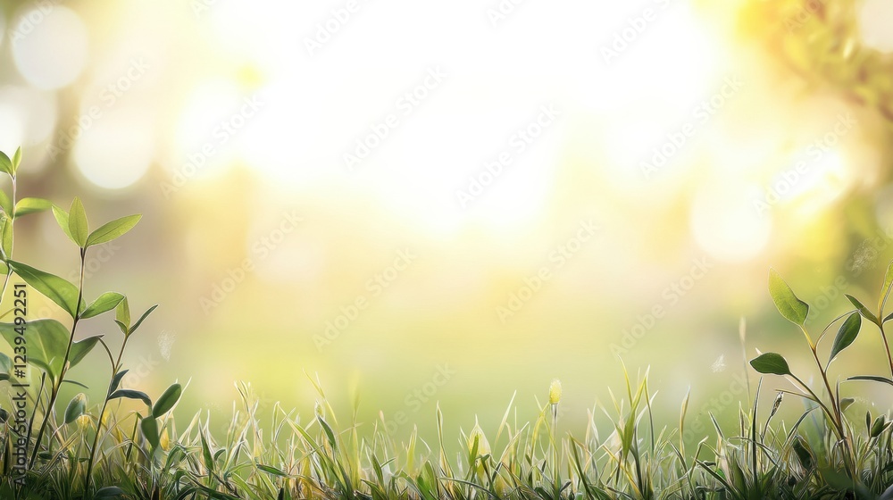 Poster sunlight shining through green grass and plants in a serene outdoor setting during the golden hour. 