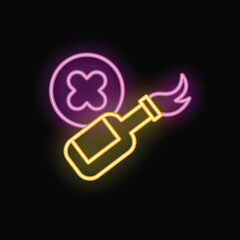 Neon sign of a molotov cocktail with a cross mark, representing a message against violence and vandalism
