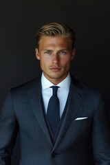Studio portrait of a businessman exuding confidence in a suit and tie against a dark backdrop