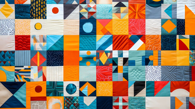 Colorful patchwork quilt background with various geometric shapes and patterns, quilt, colorful, patchwork, background. Geometric Patterns. Illustration