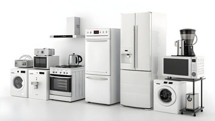 A collection of various white kitchen and household appliances.  A stove, oven, stand mixer, kettle, blender, washing machine, microwave, toaster, refrigerator, television, and coffee maker 