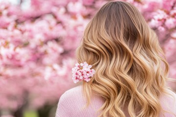 Naklejka premium Woman with long blonde hair is holding a pink flower in her hair