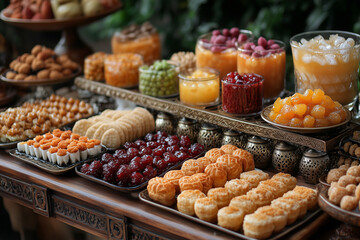 Fototapeta premium A delicious Eid dessert table with a variety of traditional sweets, such as ma'amoul and ghoriba, and refreshing drinks, such as jallab and sharbat.
