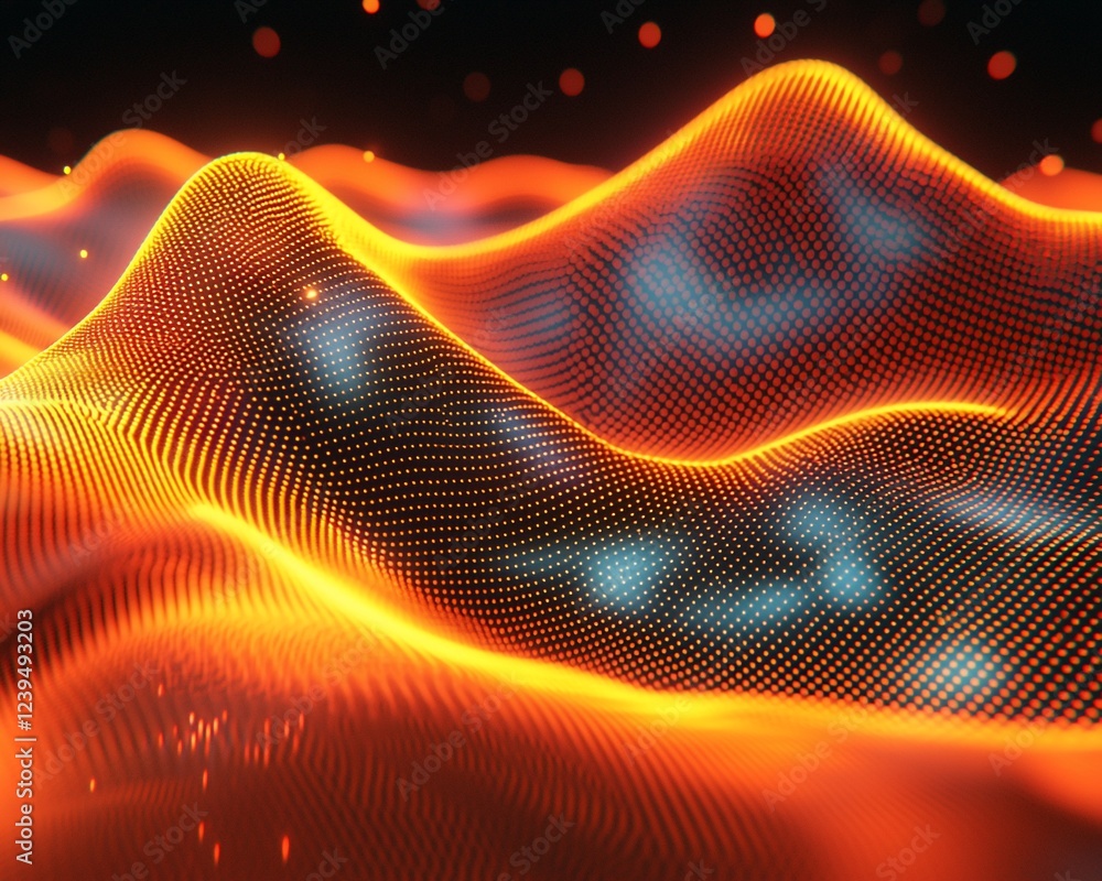 Poster abstract orange and blue digital landscape. background sparkles. data visualization