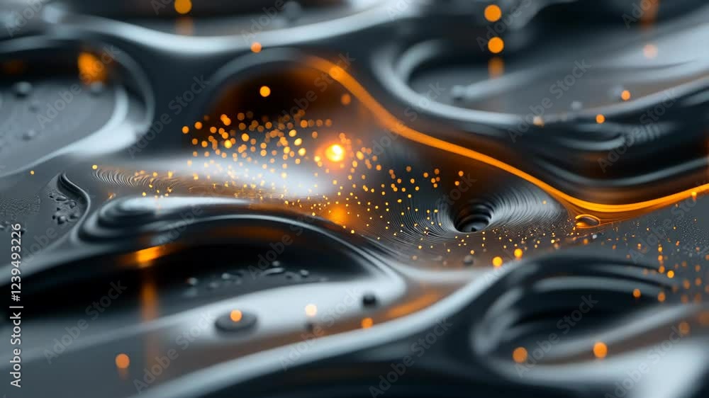 Aufkleber melting black material with glowing orange particles creating a mesmerizing abstract effect in a dyn