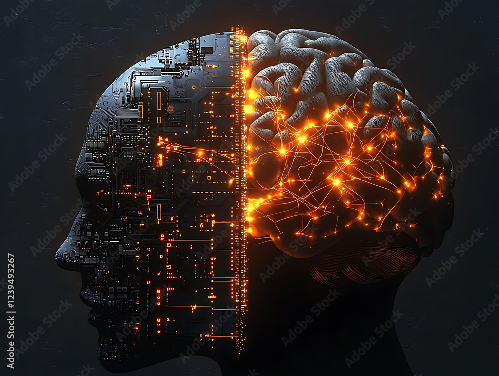Poster stunning 3d rendering of a human head split between a circuit board and a glowing brain, symbolizing