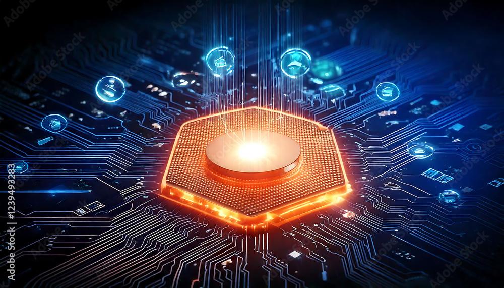 Poster stunning close-up of a glowing microprocessor on a circuit board, surrounded by futuristic data stre
