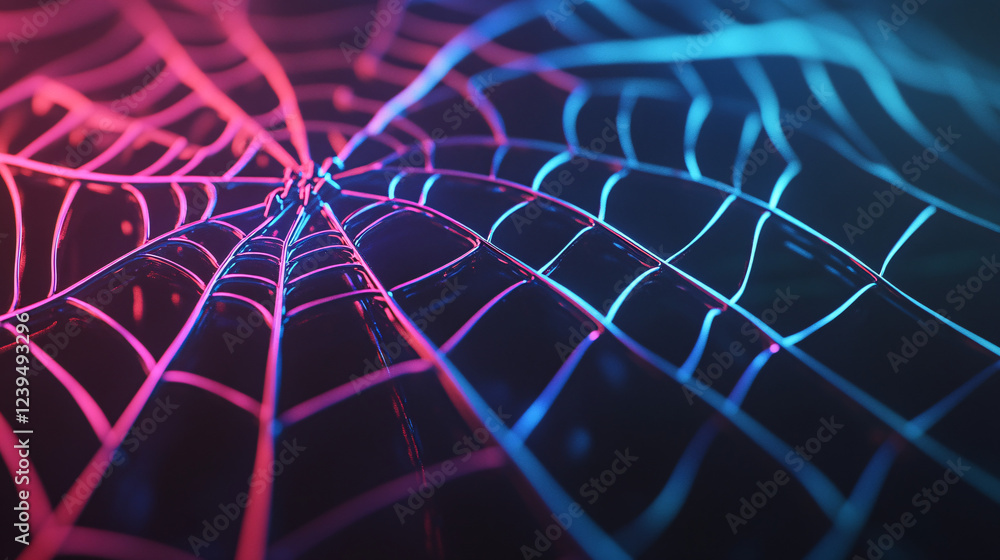 Poster neon spiderweb design illuminated on a shadowy background.