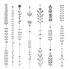 Set of floral dividers with botanical elements. Thin ornamental lines with leaves, branches, and geometric details. Ideal for invitations, greeting cards, and decorative designs