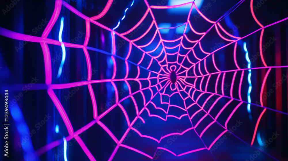 Poster neon spiderweb design illuminated on a shadowy background.