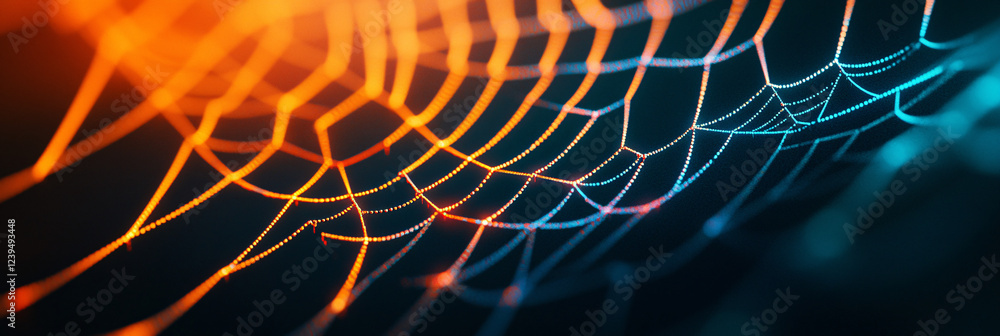 Aufkleber neon spiderweb design illuminated on a shadowy background.