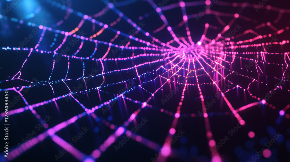 Poster neon spiderweb design illuminated on a shadowy background.