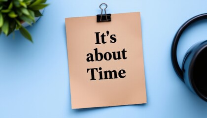 Urgent message on kraft paper pinned against calming blue backdrop with plant