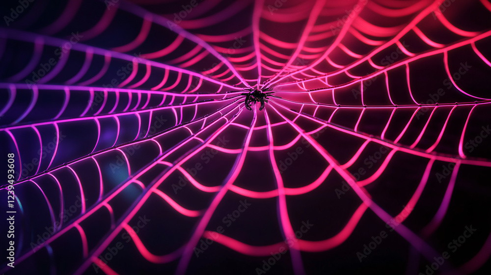 Poster neon spiderweb design illuminated on a shadowy background.
