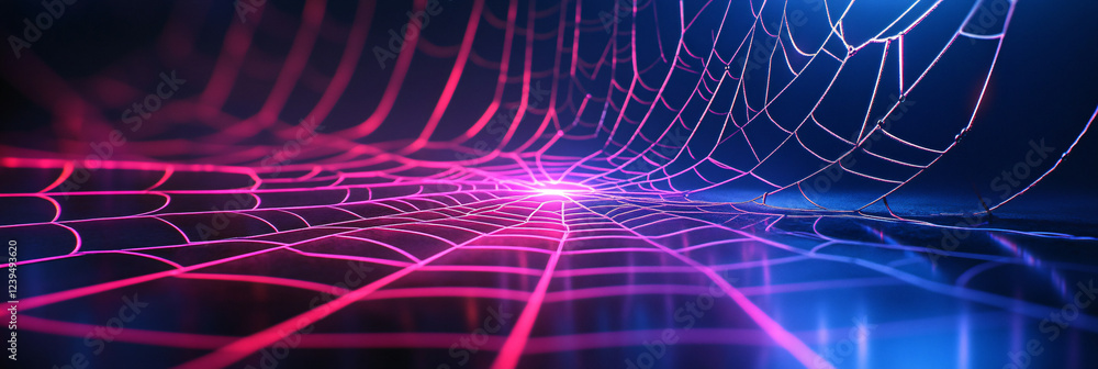 Poster neon spiderweb design illuminated on a shadowy background.