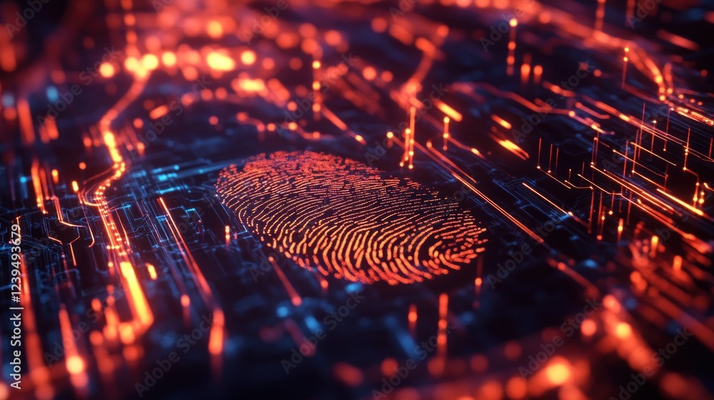 Poster digital identity verification with biometric fingerprint on circuit board