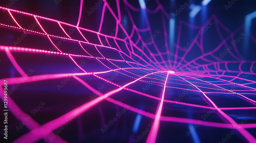 Poster neon spiderweb design illuminated on a shadowy background.