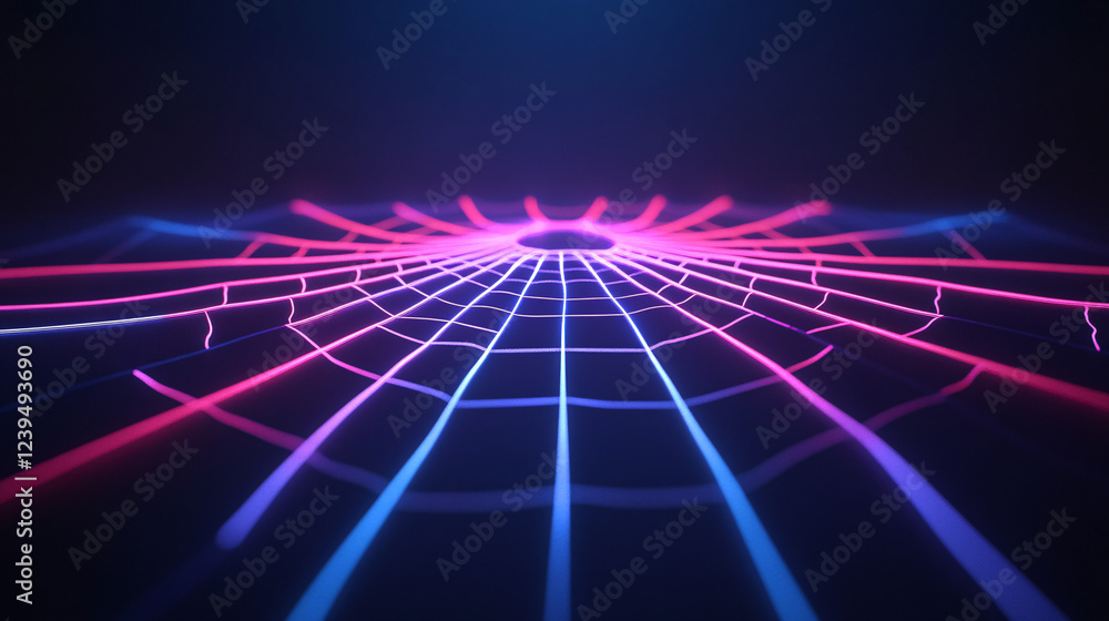 Poster neon spiderweb design illuminated on a shadowy background.