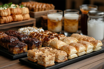 A delicious Eid dessert table with a variety of traditional sweets, such as ma'amoul and ghoriba, and refreshing drinks, such as jallab and sharbat.