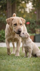 Fototapeta premium Adorable dog playing with puppy in sunny backyard