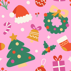 Vector decorative Christmas seamless pattern. Cute illustration with deer, leaves, xmas elements for greeting cards, social media post, print design.