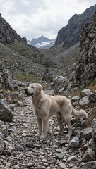 Obraz premium Adventurous dog on rugged mountain path