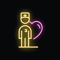 Neon icon of a doctor standing next to a heart representing healthcare