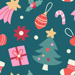 Vector decorative Christmas seamless pattern. Cute illustration with deer, leaves, xmas elements for greeting cards, social media post, print design.