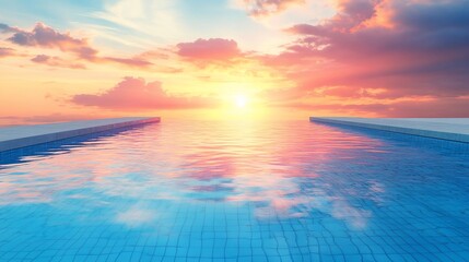 Fototapeta premium Rooftop infinity pool sunset reflection, tranquil vacation