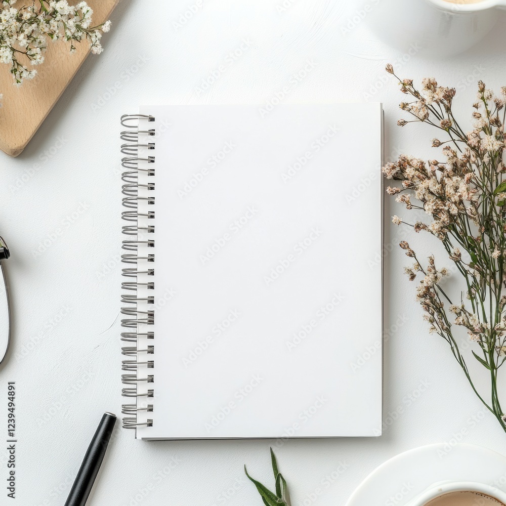 Poster blank notebook with writing tools and flowers on a light background in a cozy indoor setting during 