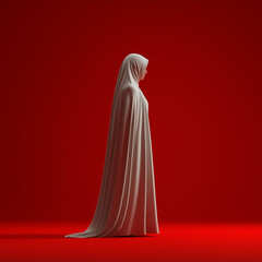 Elegante Frau in einem dramatischen Outfit vor rotem Hintergrund

