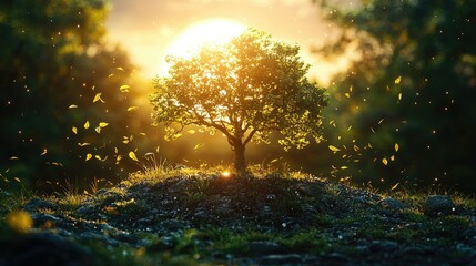 Obraz premium Sunset Illuminates Solitary Tree Leaves Fall Gently