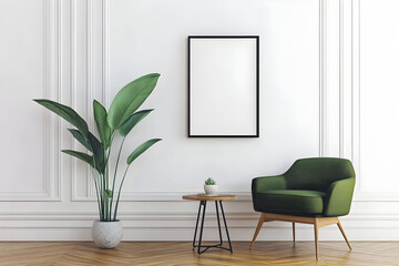 Cozy living room corner with green armchair, plant, and blank frame for wall art mockup for creativity in modern home decor