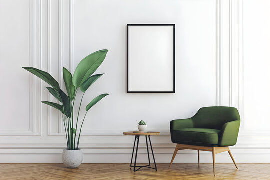Cozy living room corner with green armchair, plant, and blank frame for wall art mockup for creativity in modern home decor