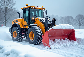 Large snow removal tractor plowing through deep snow in winter