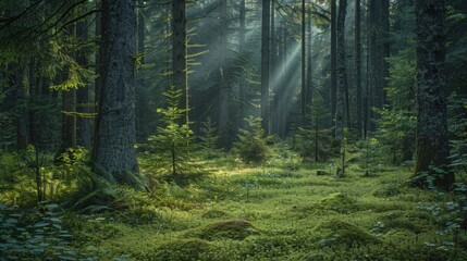 Obraz premium Sunbeams piercing through a dense forest, illuminating a carpet of moss and fallen leaves, creating a serene natural setting