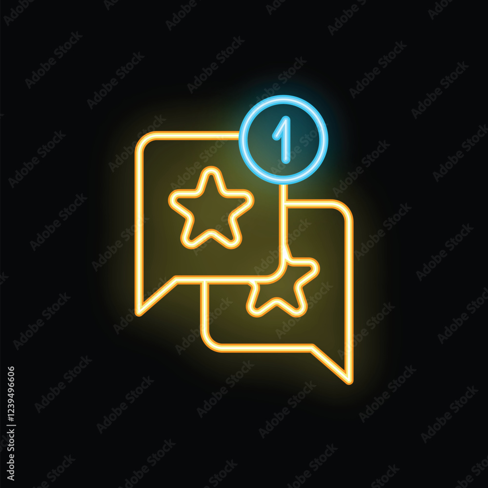 Poster neon icon showing two speech bubbles with stars inside and a notification symbol, representing custo