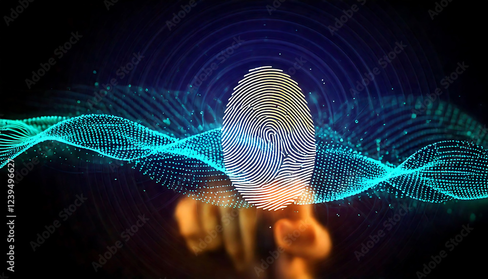 Poster abstract image of a glowing fingerprint with teal particle waves. perfect for illustrating concepts 