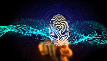 Abstract image of a glowing fingerprint with teal particle waves.  Perfect for illustrating concepts of identity, security, technology, or data.
