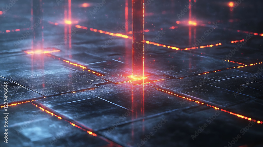 Poster intriguing abstract image of a futuristic, glowing grid. cyberpunk style with a central beam of ligh