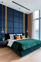 Chic urban bedroom, plush emerald velvet bed, textured navy blue feature wall with recessed golden LED strips, floating black marble nightstands