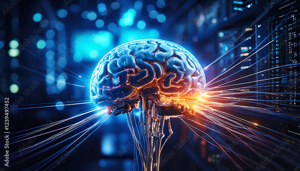 Poster stunning 3d rendering of a futuristic brain connected to a network, ideal for ai, technology, and ne