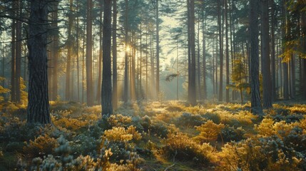 Fototapeta premium Sunbeams piercing through a dense forest, illuminating a carpet of moss and fallen leaves, creating a serene natural setting