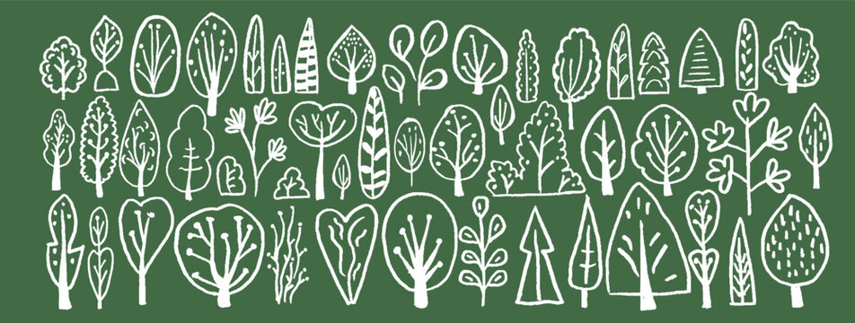 Simple naive vector illustration of winter forest with tree silhouette, pine, fir, branche. White outline abstract design, grunge texture, scribble line, nature banner, sketchy icon, graphic figure