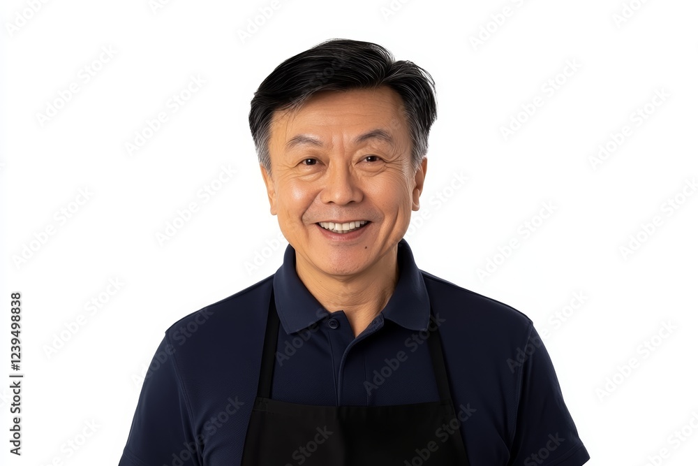 Wall mural Man with a black apron and a blue shirt is smiling