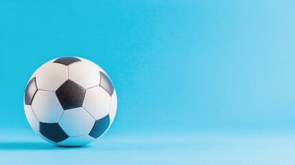 Fototapeta premium Soccer ball on blue background, copy space