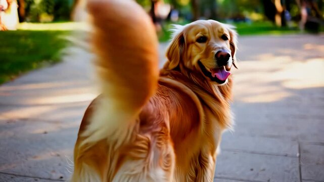 Golden retriever happily wagging tail in sunny park, playful, facing away and looking back towards camera