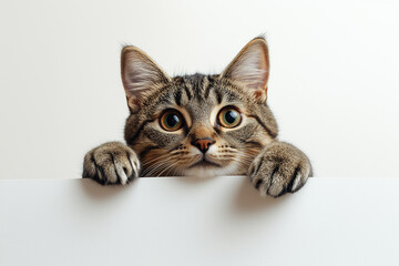 A kitten peeks out on a white background